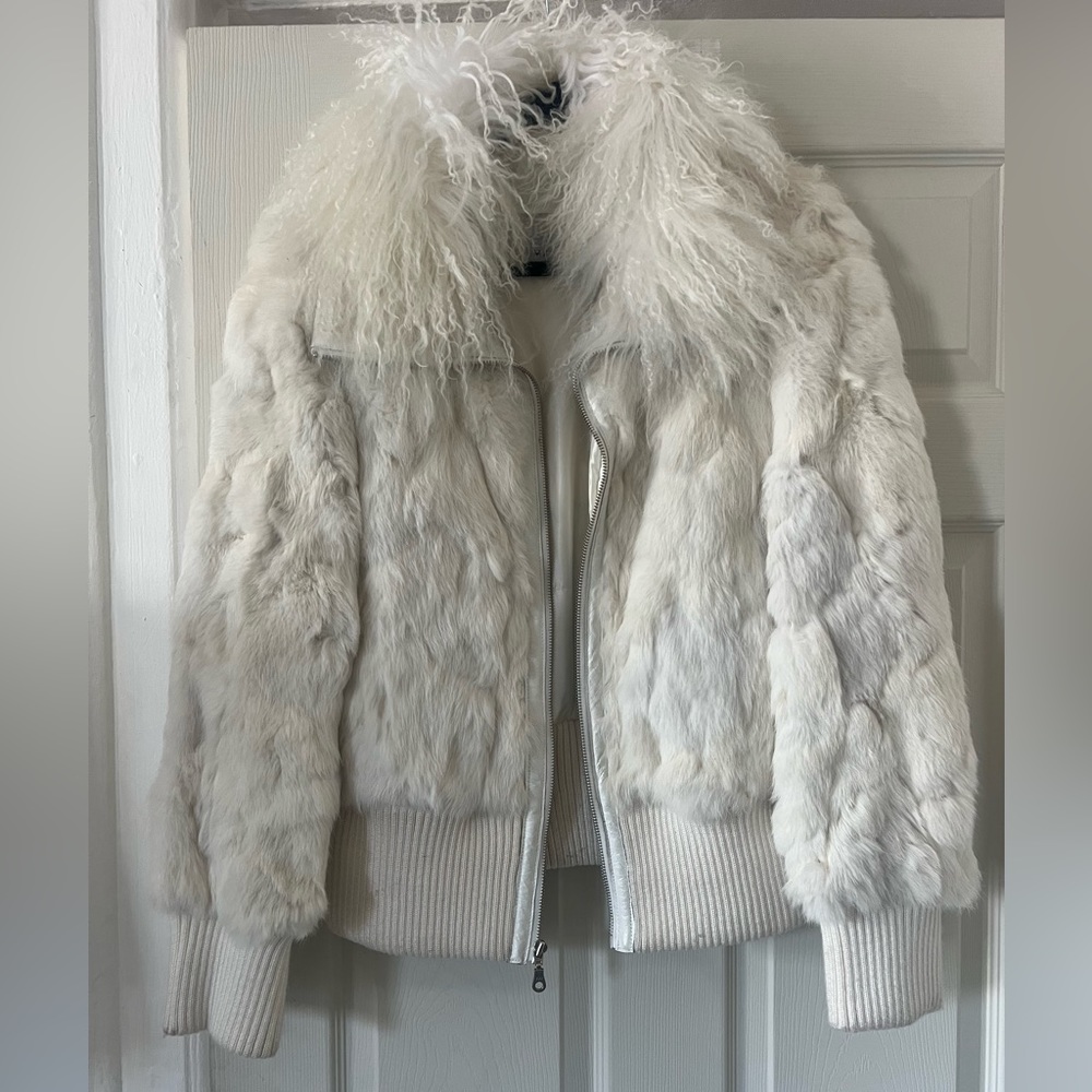 Rabbit fur coat w/ removable Mongolian lamb collar